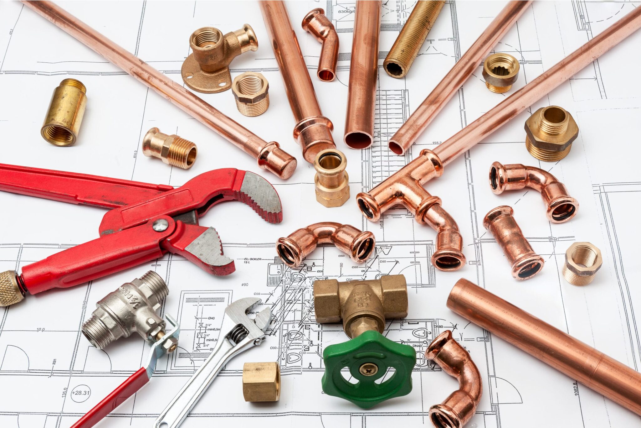 Copper pipes, fittings, valves, and plumbing tools in Murrieta