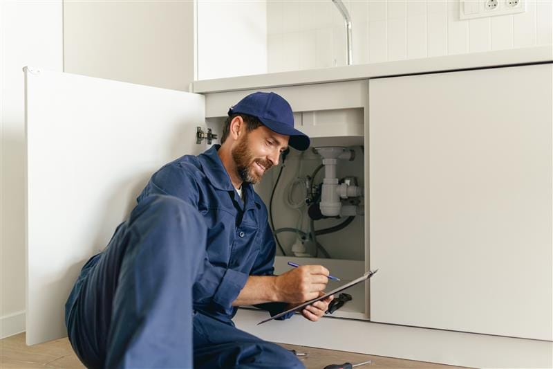 Residential plumber reviewing plumbing repairs in a Murrieta kitchen
