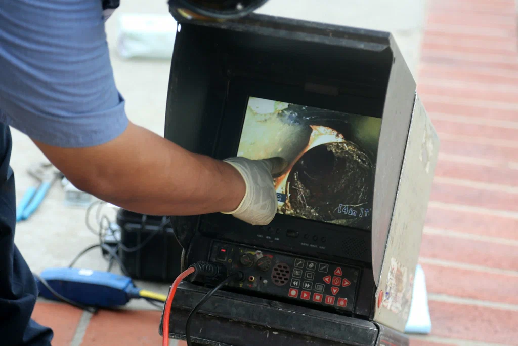 Technician viewing a drain inspection camera in Murrieta
