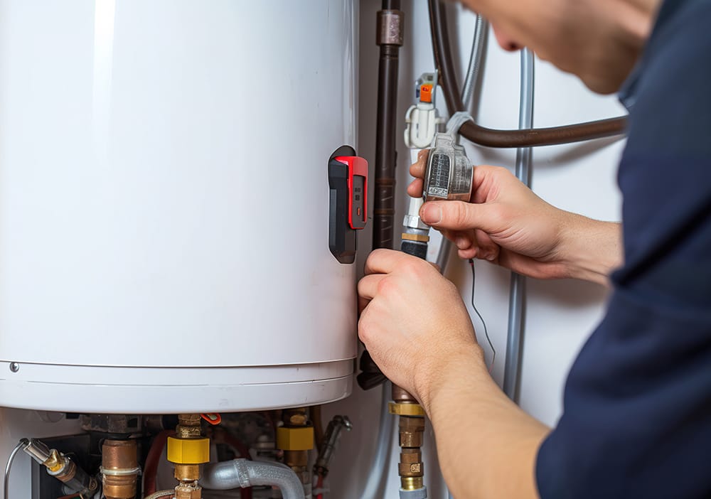 Technician repairing pipes connected to a water heater in Murrieta
